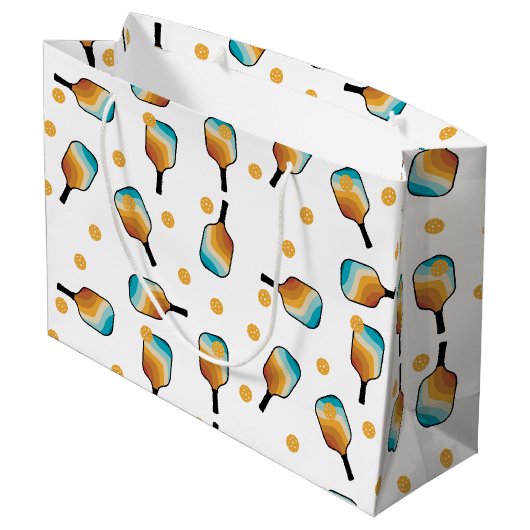 Retro Pickleball Paddle und Ball-Muster Große Geschenktüte (Rückseite Schrägansicht)