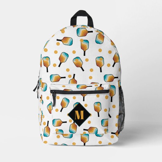 Retro-Pickleball-Paddle und Ball-Muster-Monogramm Bedruckter Rucksack (Vorderseite)