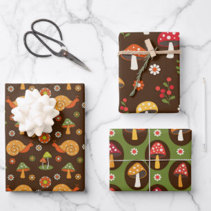 Retro-Pilz-Häuschen-Trio Geschenkpapier Set