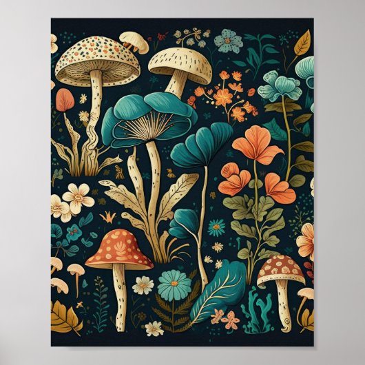 Retro-Pilz- und Blumenillustrationsdesign Poster (Vorne)