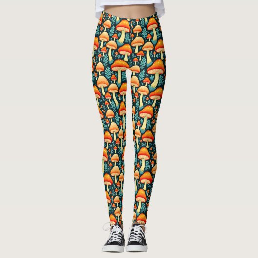 Retro-Pilze in Orange und Blau Leggings (Vorderseite)