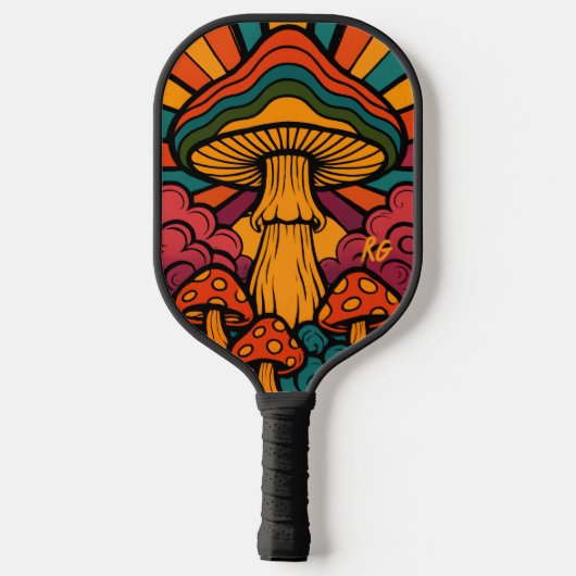 Retro-Pilze mit Monogramm Pickleball Schläger (Rückseite)