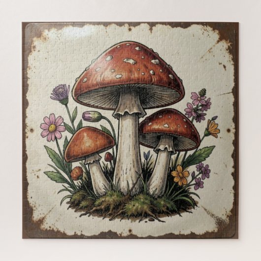 Retro Pilze und Blumen Vintage Vibes Puzzle (Vertikal)