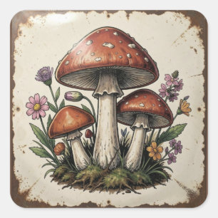 Retro-Pilze und Blumen Vintage-Vibes Quadratischer Aufkleber