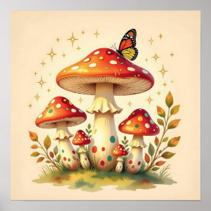 Retro-Pilze und Schmetterling   Vintage-Farben Poster