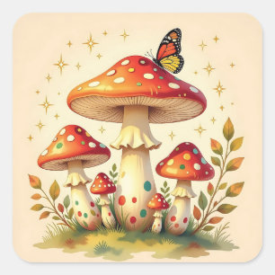 Retro-Pilze und Schmetterling   Vintage-Farben Quadratischer Aufkleber
