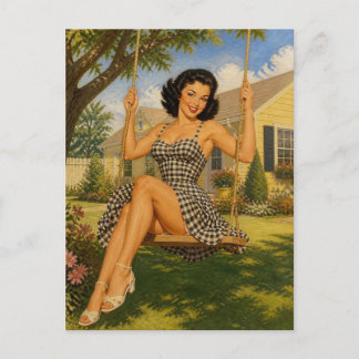 Retro-Pin-Up-Frau auf einer Schaukel aus den 1950e Postkarte