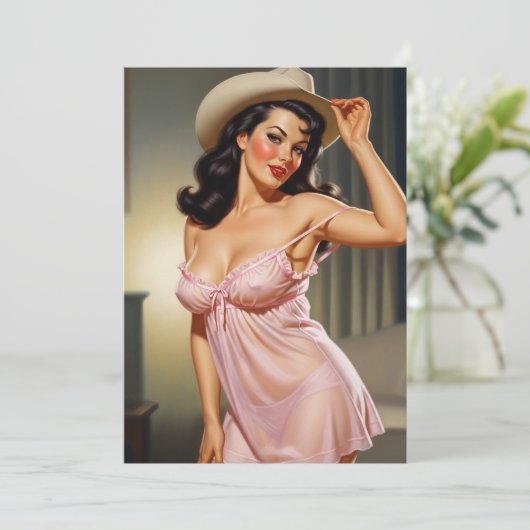 Retro Pin-up Girl with Cowboy hat Save The Date (Stehend Vorderseite)