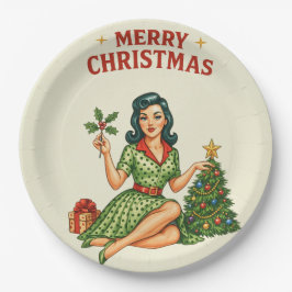 Retro Pin-Up Merry Christmas Holiday Paper Plate Pappteller