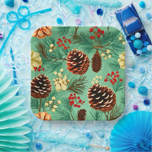 Retro Pine Cones Weihnachten Groß Pappteller (Party)