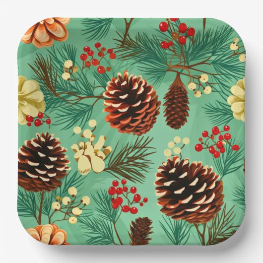 Retro Pine Cones Weihnachten Groß Pappteller (Vorderseite)