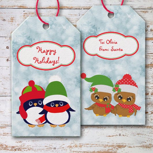 Retro Pinguin und Owl Weihnachten Geschenkanhänger