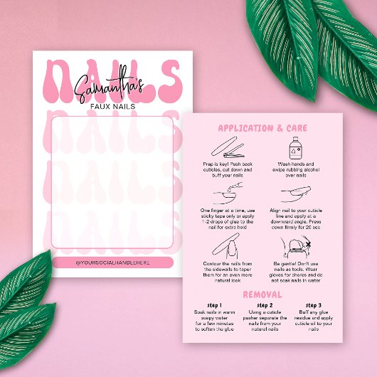 Retro Pink Acrylic Nails Care Guide Display Cards