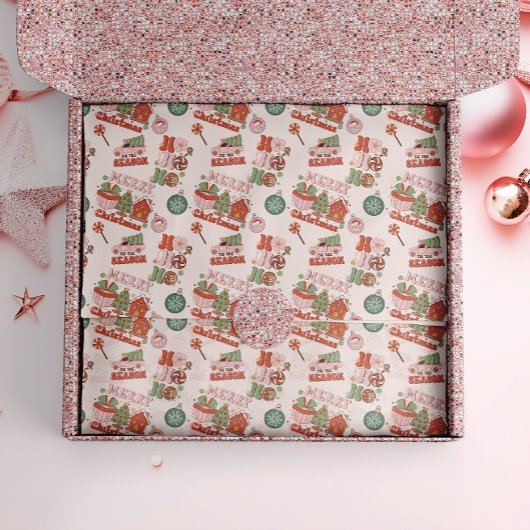 Retro Pink and Green Holiday Joy Seidenpapier
