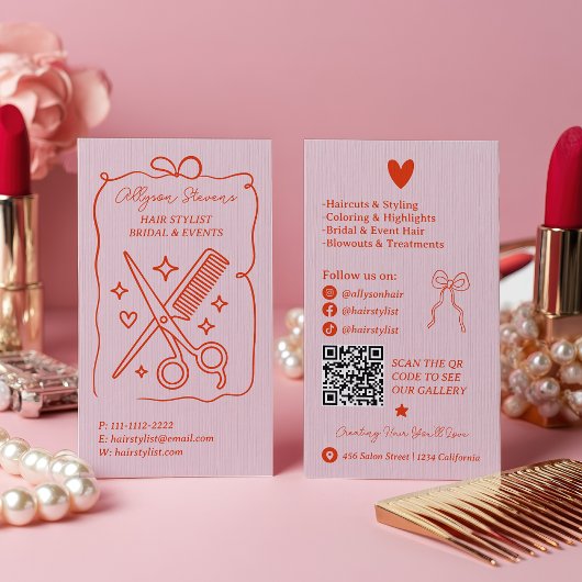Retro Pink and Red Doodles Hair Stylist QR Code Visitenkarte
