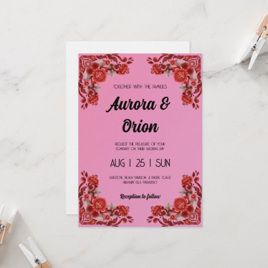 retro pink and red wedding invitation einladung (Vorderseite/Rückseite Beispiel)