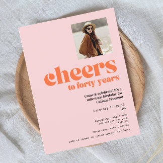 Retro Pink & Apricot, Einladung zum 40. Geburtstag Postkarte