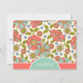 Retro Pink & Aqua Floral Custom Flor Note Card Mitteilungskarte (Vorderseite)