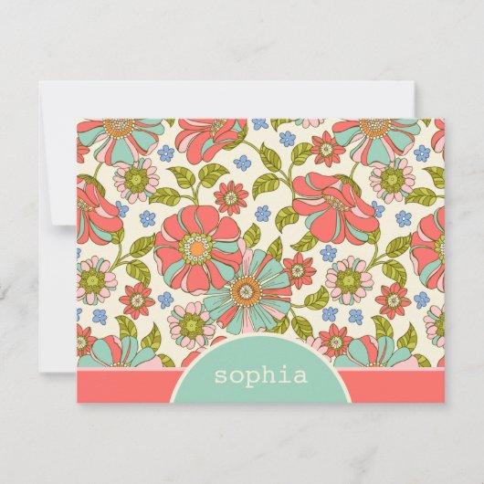 Retro Pink & Aqua Floral Custom Flor Note Card Mitteilungskarte (Vorderseite)