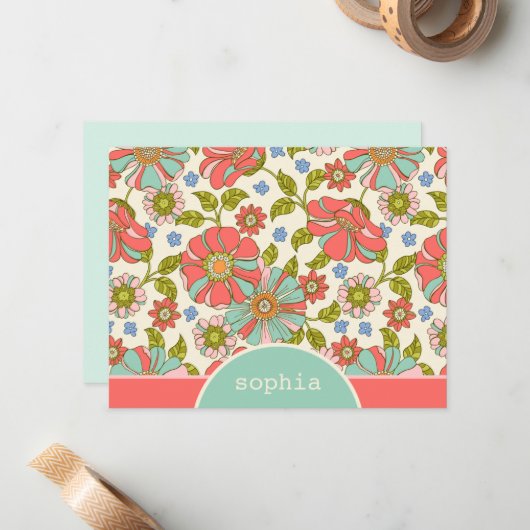 Retro Pink & Aqua Floral Custom Flor Note Card Mitteilungskarte (Vorderseite/Rückseite Beispiel)