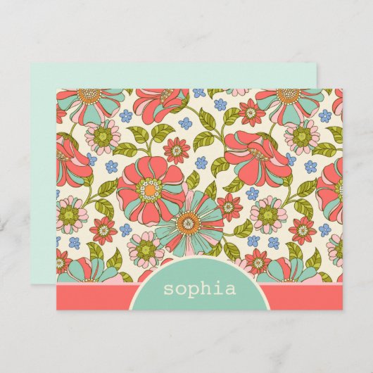 Retro Pink & Aqua Floral Custom Flor Note Card Mitteilungskarte (Vorne/Hinten)