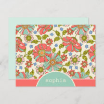 Retro Pink & Aqua Floral Custom Flor Note Card