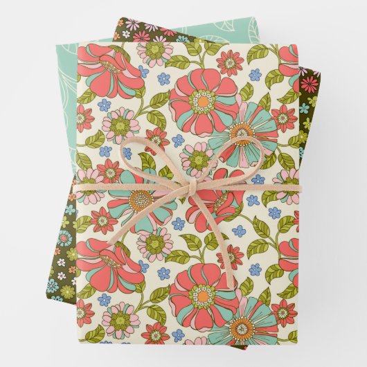 Retro Pink & Aqua Floral Wrapping Paper Flachblatt Geschenkpapier Set (Beispiel)