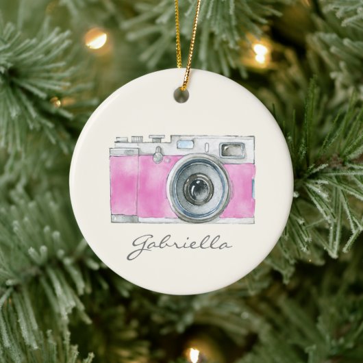 Retro-Pink-Aquarellkamera Personalisiert Keramik Ornament (Baum)