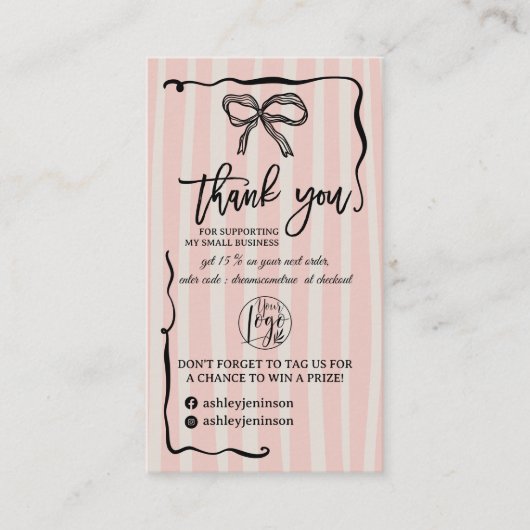 Retro Pink beige Bow Logo QR Thank You Order Visitenkarte (Vorderseite)