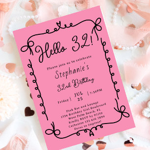 Retro Pink & Black Handschrift 32. Geburtstagsfeie Einladung