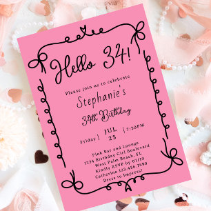 Retro Pink & Black Handschrift 34. Geburtstagsfeie Einladung