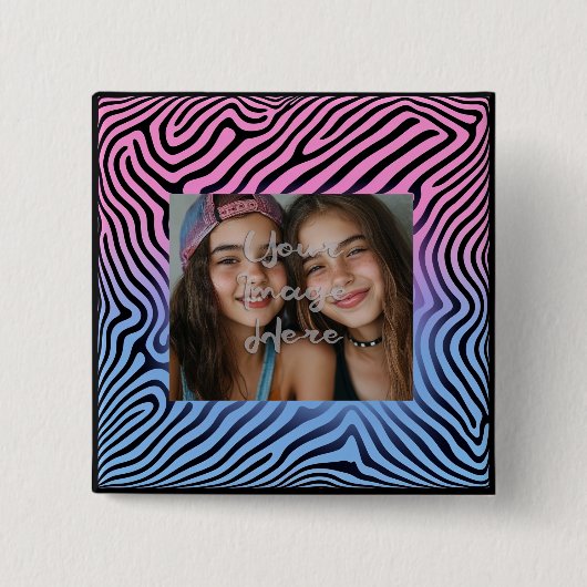 Retro Pink Blauer Gradient Zebra Strip Foto Rahmen Button (Vorderseite)