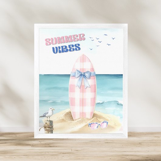 Retro Pink Blue Surfboard Summer Vibes Watercolor Poster