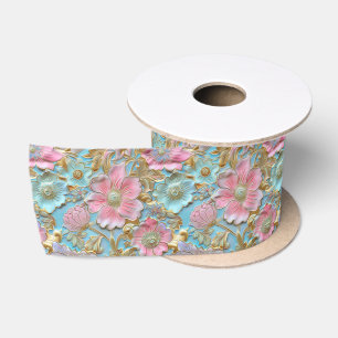 Retro Pink Blue tooled leather Satinband