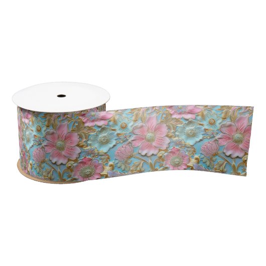 Retro Pink Blue tooled leather Satinband (Spule)