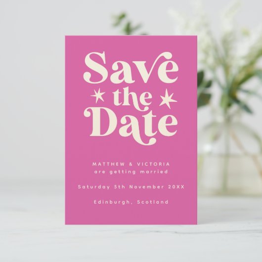 Retro Pink Boho Einfache Save the Date-Karte Save The Date (Stehend Vorderseite)