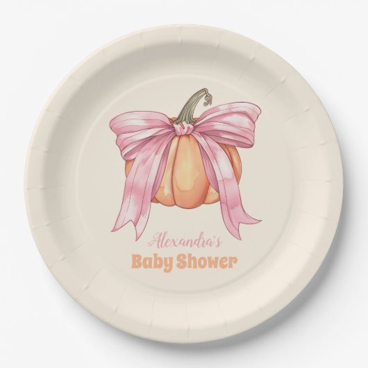 Retro Pink Bow Pumpkin Baby Dusche Pappteller (Vorderseite)