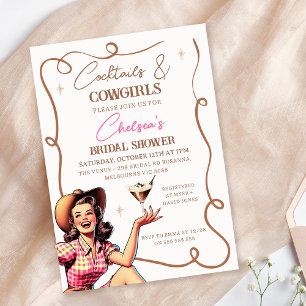 Retro Pink Brown Cocktails Cowgirls Brautparty Einladung