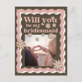 Retro Pink Brown Foto Wavey Bridesmaid Vorschlag Postkarte (Vorderseite)