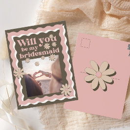 Retro Pink Brown Foto Wavey Bridesmaid Vorschlag Postkarte