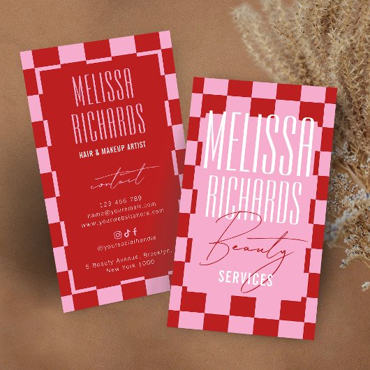 Retro Pink Checkered Aesthetician Lashes Salon Visitenkarte
