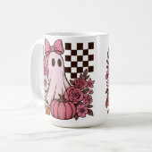 Retro Pink Coquette Ghost Girl mit Bow Halloween Kaffeetasse (Vorderseite Links)