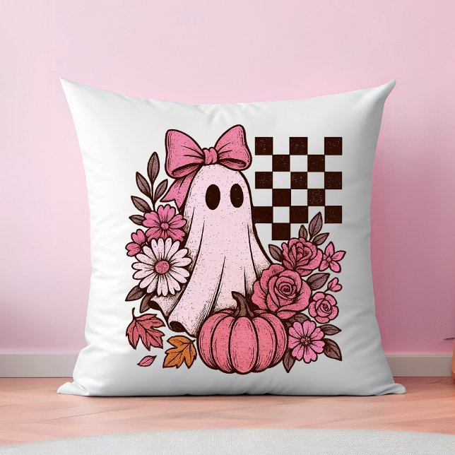 Retro Pink Coquette Ghost Girl mit Bow Halloween Kissen (This coquette ghost retro Halloween design combines floral sweetness with spooky spirit.)