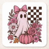 Retro Pink Coquette Ghost Girl mit Bow Halloween Rechteckiger Pappuntersetzer (Vorderseite)