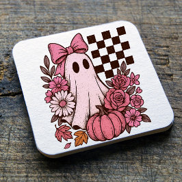 Retro Pink Coquette Ghost Girl mit Bow Halloween Rechteckiger Pappuntersetzer