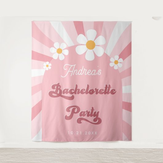 Retro Pink Daisy 70er Junggeselinnen-Abschied Hint Wandteppich (Vorderseite)