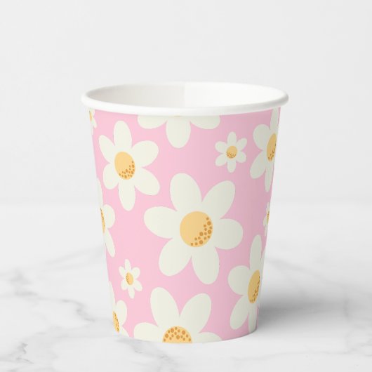 Retro Pink Daisy Boho Papier Cups - Groovy First B Pappbecher (Links)