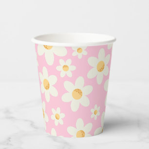 Retro Pink Daisy Boho Papier Cups - Groovy First B Pappbecher