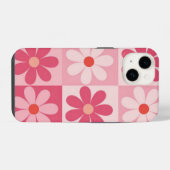 Retro Pink Daisy Checkerboard-Muster iPhone Hülle (Rückseite (Horizontal))