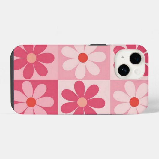 Retro Pink Daisy Checkerboard-Muster iPhone Hülle (Rückseite (Horizontal))
